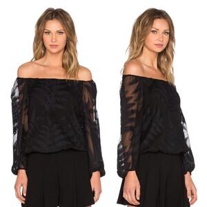 Alice + Olivia Alta Silk Embroidered Leaf Off Shoulder Top Black S